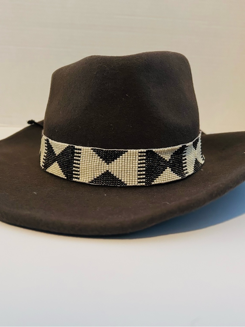 Nikki Beach Olive Felt Fedora Hat with Black & White Beaded Band